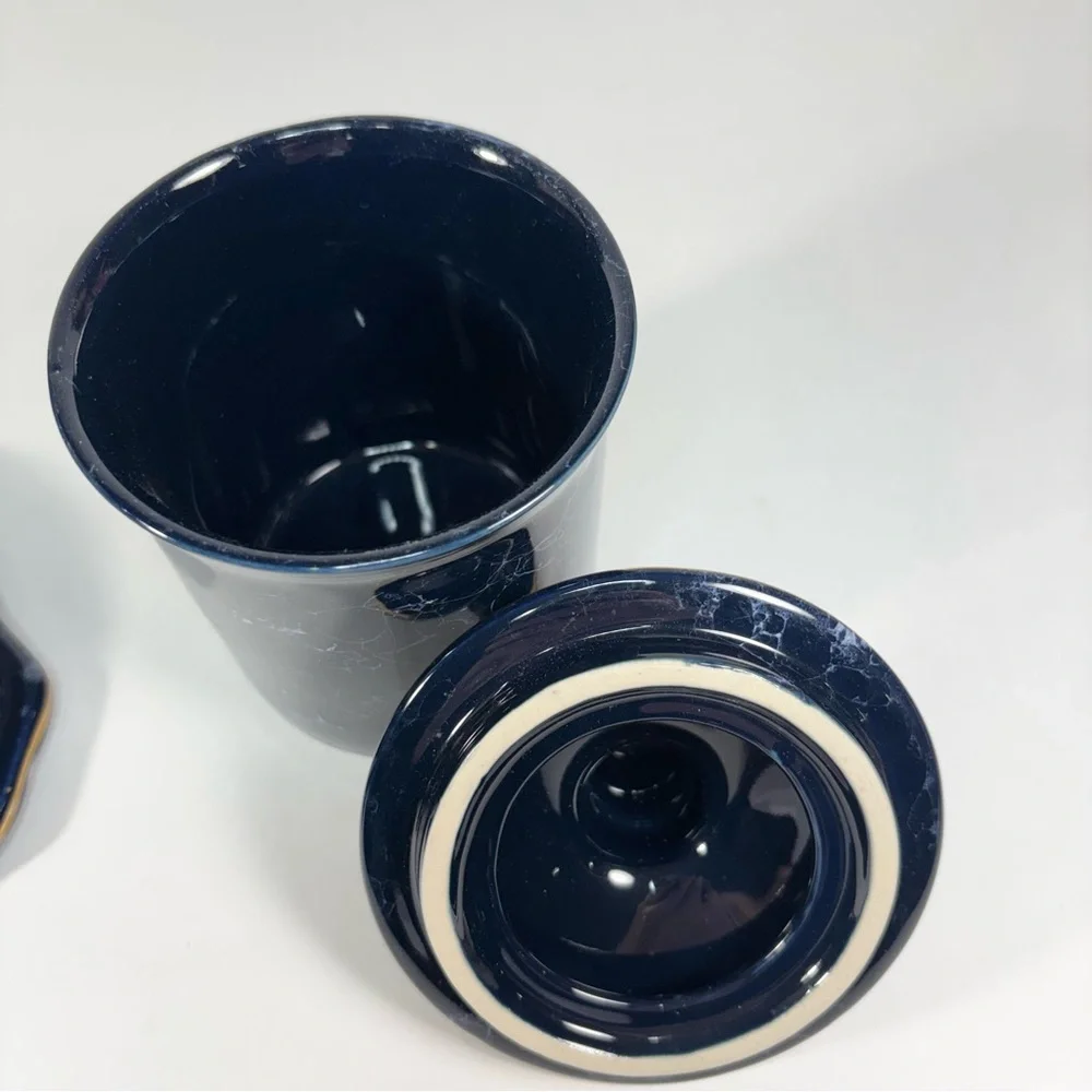 Vtg Ceramic Blue Mirabel Gold Accent Sea Clam‎ Soap Dish Lidded Jar Bathroom Set